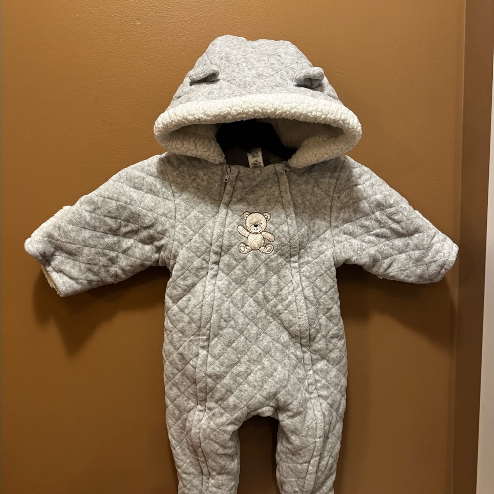 Carter's Light Gray Quilted Teddy Hooded Baby One-Piece